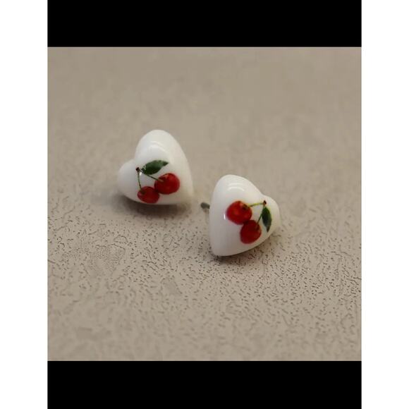 Cute Cherry Heart-Shaped Stud Earrings, Cherry Floral Design, Fruit Earrings - Picture 1 of 5